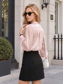 SwallowLucky Plus Size Women's Semi-Sheer Shiny Blouse, Stand Collar Button Front Long Puff Sleeve Shirt, Elegant Top For Spring Autumn Daily Commute - Baby Pink - View 4