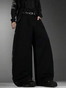 Men Korean Street‑Style Black Jeans, Artistic Print Design, Baggy Wide Leg, Casual Loose Fit, All‑Season Long Pants (Belt & Accessories Not Included) - Black - View 2