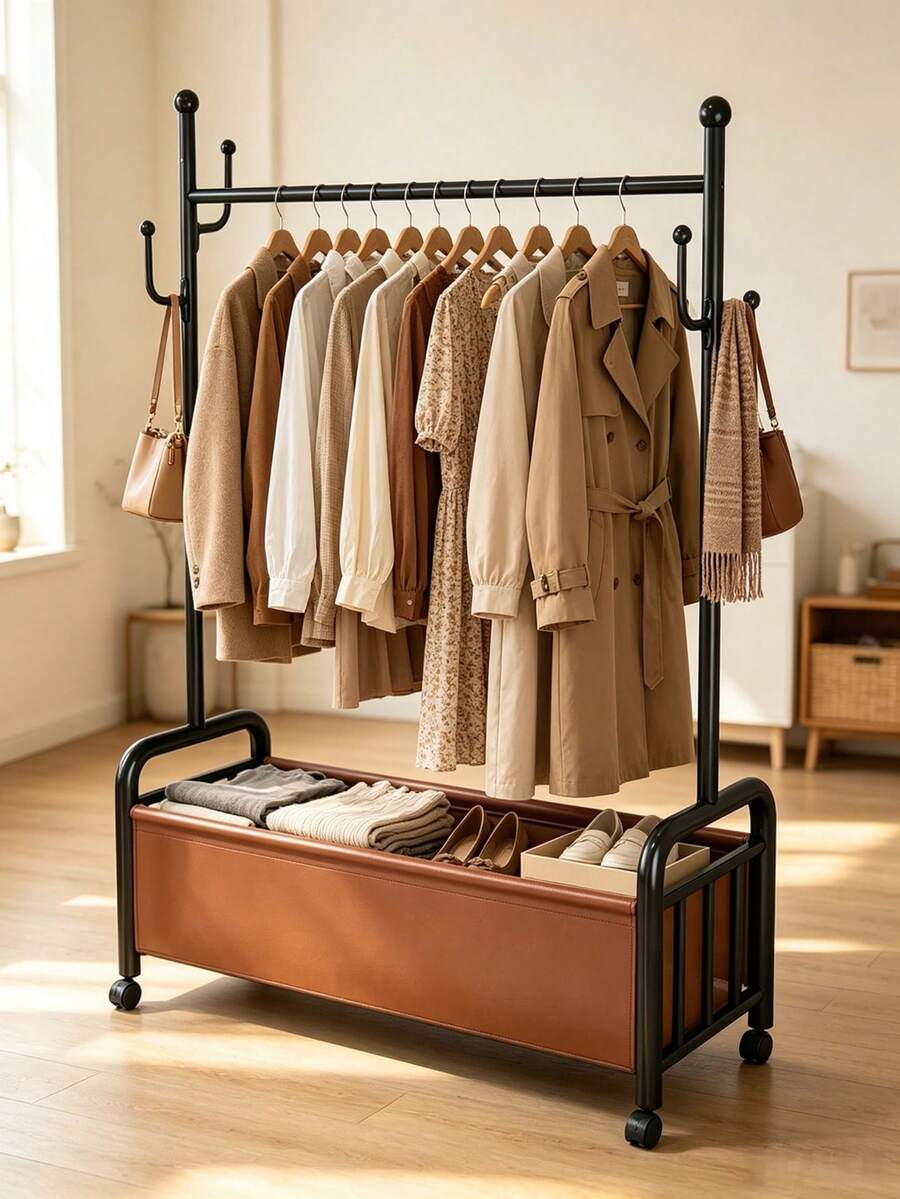 Mobile Freestanding Coat Rack With Wheels, Bottom Storage Basket & Side Hooks, Multi Colors, Bedroom Clothes Bags Storage Hanging Rack - Multicolor - View 1