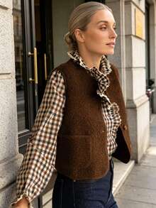 Women Fuzzy Warm Vest With Pockets Autumn Winter New Fashion Bestseller - Brown - View 2