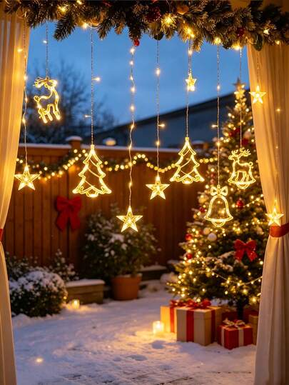1 pieza Luces de cortina navideñas con batería, con renos, campanas, árbol de Navidad, estrellas, luz LED decorativa interior/exterior, adecuada para dormitorio, sala de estar, ventana, jardín, cafetería, decoración de fiesta, se puede usar como regalo festivo
