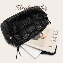 STEPHIECATHY Solid Color Washed Soft PU Faux Leather, Zipper Closure, Multi-Pocket Design, Dual Short Shoulder Straps, Adjustable Waist Belt, Unisex, Retro Casual Practical, Suitable For School & Daily Commute - Black - View 3