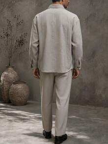 GOLDREDY New Chinese Style Men's Long Sleeve Shirt & Loose Straight Leg Pants 2 Pieces Set, Half-Open Collar Casual - Grey - View 2