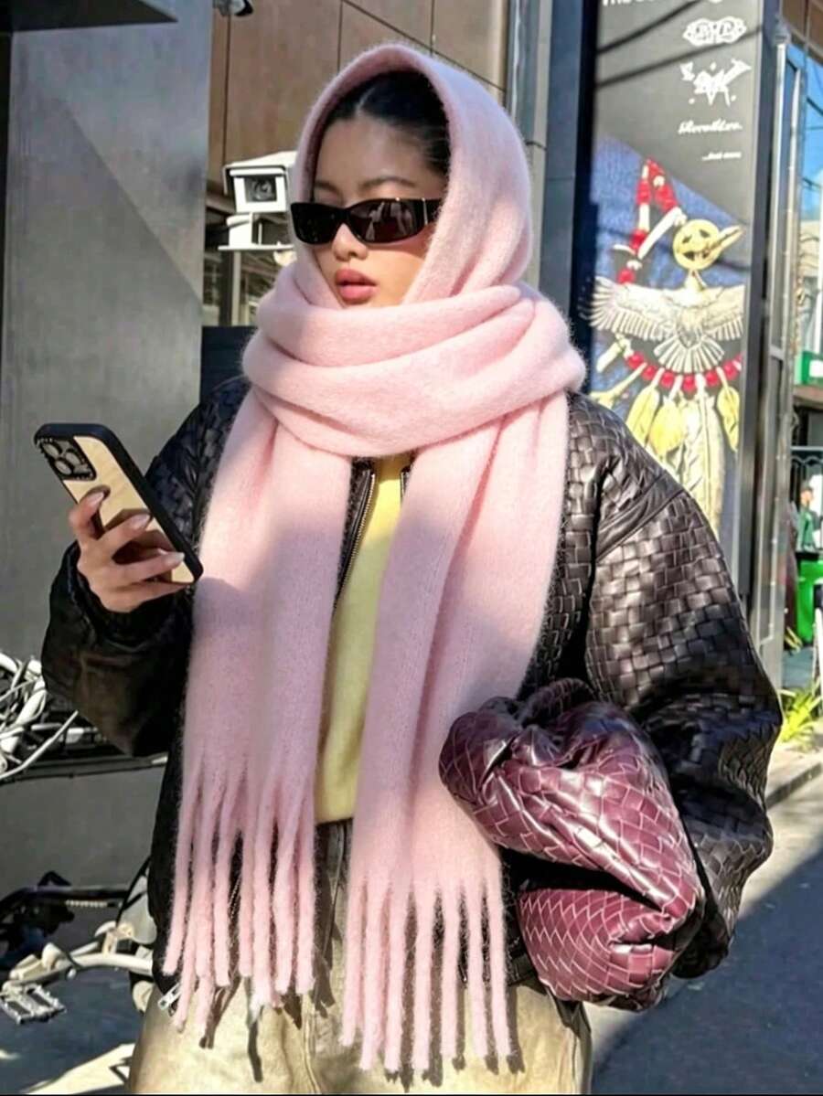 1pc Women's Solid Color Thick Mohair Fringe Large Scarf, Autumn/Winter Long Warm Shawl, Fluffy Plush Fabric, Soft Matte Texture, Shawl Hat