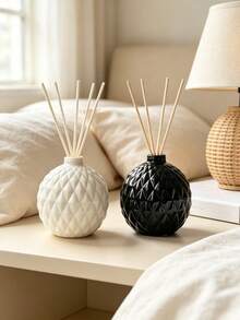 1pc Geometric Rhombus Textured Rattan Aromatherapy Bottle, Glossy Round Vase (Black/White), Modern Home Decor Aromatherapy Oil Container, Minimalist Shelf Decoration, Housewarming Gift - Multicolor - View 1