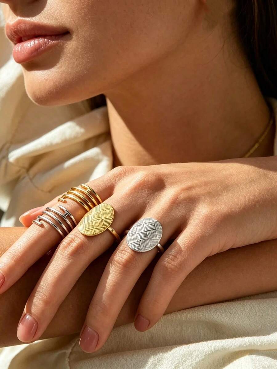 4pcs Elegant Exaggerated 304 Stainless Steel Thick Geometric Textured Adjustable Open Rings Stackable Finger Rings Suitable For Women's Daily Beach Vacation Wear - Multicolor - View 1