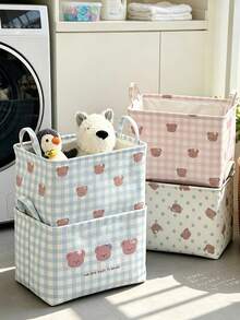 1pc Bear Print Checkered Storage Bin,Sweet Minimalist Style Fabric Rectangular Shape With Carry Handle Detail,Foldable Large Capacity Clothes Sundries Storage Organizer,For Bedroom Home Daily Use All Season Household Decor Christmas Clothing Storage - Multicolor - View 12