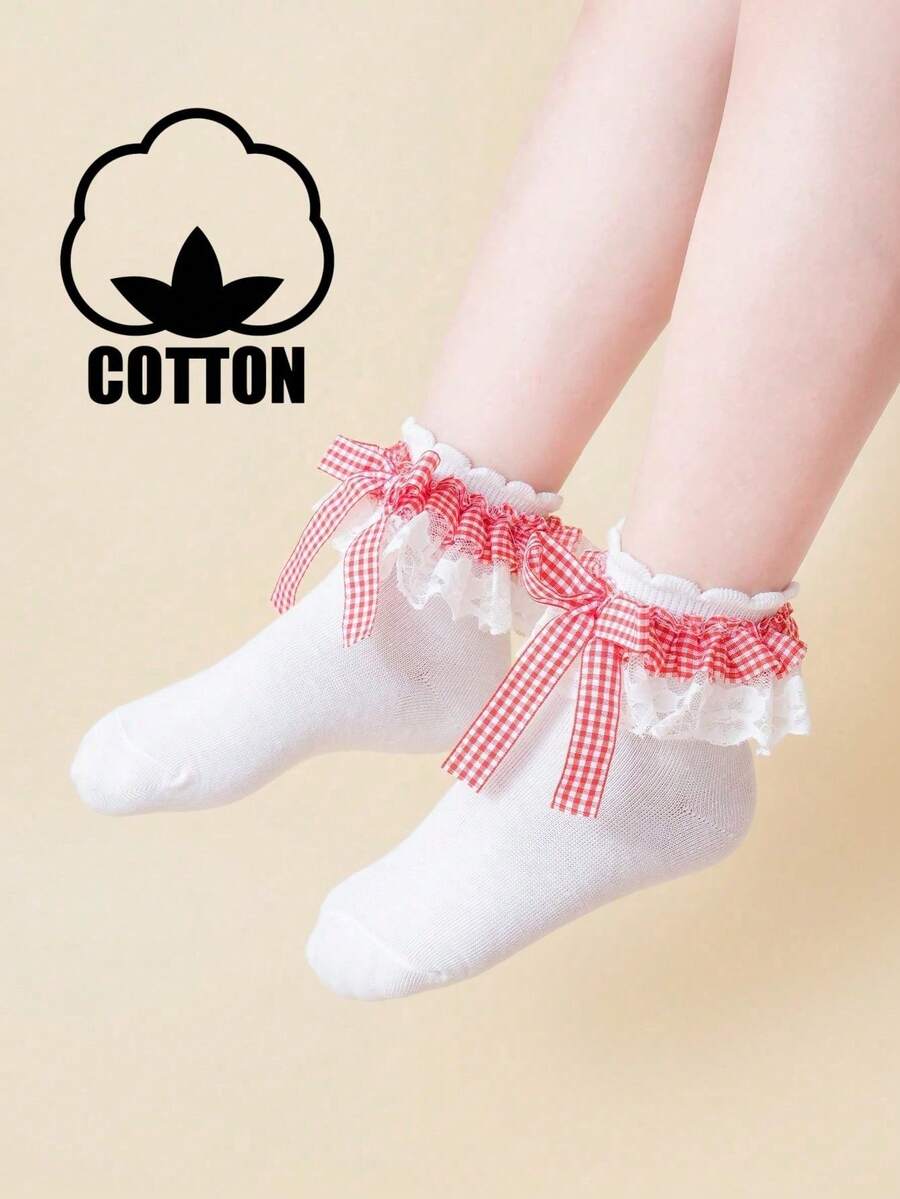1 Pair Cotton Lace Plaid Bow Decor Ruffle Princess Dance Fashion Versatile Party Socks For Kids