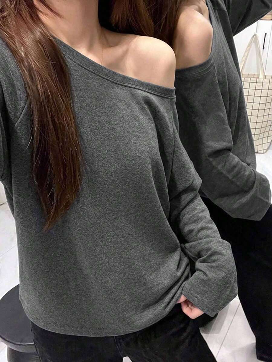 Women's Spring/Autumn Solid Color Minimalist Versatile Long Sleeve T-Shirt, Y2K Casual Home Wear, Sexy Cold Shoulder Hot Girl Pure Desire Style, Daily Commute Back To School Season Lightweight Korean Style Long Sleeve Top - Dark Grey - View 1