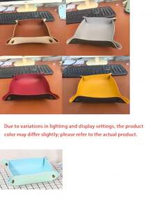 1Pc Two-Tone Foldable Leather Valet Tray, Minimalist PU Leather Square Shape With Detail Catchall Tray For Key Coin Storage, Entryway Bedroom Office Daily Home Decoration - Multicolor - View 11