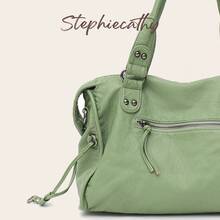 STEPHIECATHY Fashion Casual Cool Street Style Soft Brushed Washed PU Faux Leather Zipper Pocket Braided Large Capacity Fits 13 Inch Laptop Slouchy Silhouette Bag - Mist Green - View 5