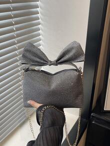 Glossy Bow Evening Clutch, Party Handbag, Wristlet, Shoulder Crossbody Bag - Grey - View 8