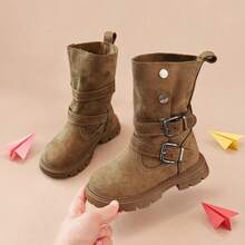 Girls' Brown Motorcycle Style Mid-Calf Boots With Fold-Over Snap Button And Double Buckle Decor, Suitable For Autumn/Winter Daily Wear - Brown - View 6