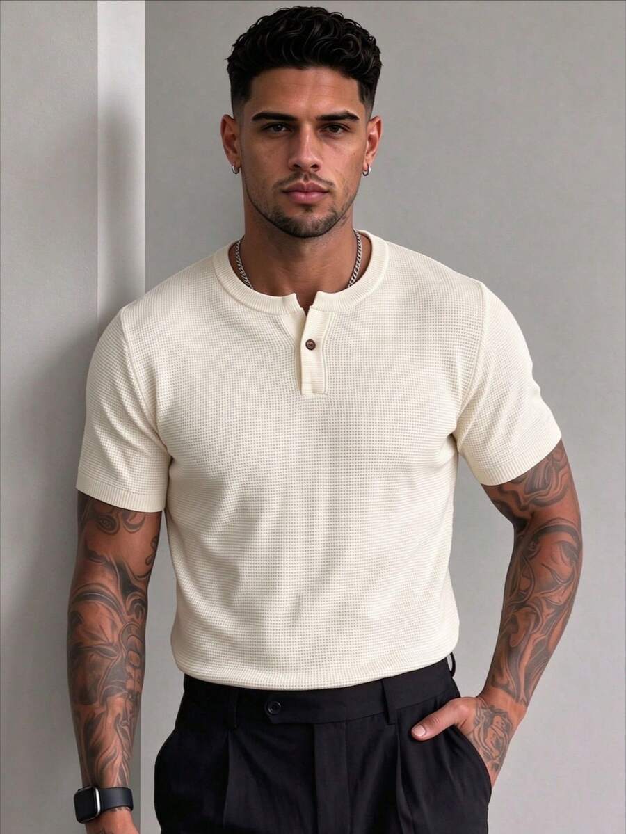 ZYNTH BALENO Men's Summer Fashion Slim Fit Regular Shoulder Henley Collar Short Sleeve Sweater, Essential For Summer Sports