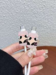 Polka Dot Girl Pattern 3pcs Set Data Cable Charger Wave-Shaped Protective Cover Compatible With UK Standard 20W Apple Charger, Transparent Shatterproof Cover, Protects Phone, 3-Prong Charger, Cable Protective Cover - Multicolor - View 3