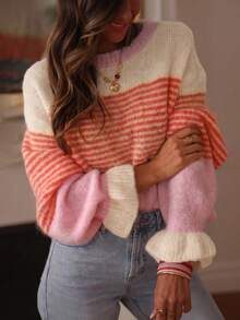 Just Masa Women's Fall Casual Colorblock Stripe Sweater,Long Sleeve Frill Trim Cuff Round Neck Rib-Knit Pullover,For Daily Wear,Going Out,Commute - Colorful Stripes - View 1