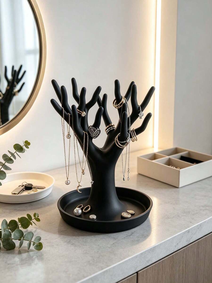1pcMinimalist Style Resin Tree Shaped Jewelry Holder, Branch Design With Round Bottom Tray, Necklaces Rings Bracelets, Jewelry Display Stand, Ideal For Bedroom Vanity Decor, Birthday & Holiday Gift For Year-Round Usage - Multicolor - View 1