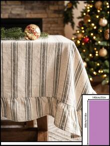 1pc Grey And White Classic Fine Striped Tablecloth, Traditional Country Style Rectangular With Scalloped Edge And Pleated Details, Stain-Resistant Protective Table Cover, Functional Home Long Tablecloth Suitable For Christmas Family Gatherings And Winter Holiday Dining Room Decor - Grey - View 16