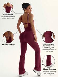 Burgundy Seamless Flare Leg Jumpsuit For Women, Tank Top Style With Adjustable Shoulder Straps, High Waist, Butt-Lifting, Tight-Fitting Jumpsuit - Burgundy - View 2