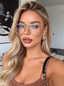 1 Pair Women's Aviator Metal Frame Fashionable Plain Lens Glasses, Suitable For Daily Wear, Commuting, Photography, Holiday Gift, High Definition Eyewear - Jin Ping - View 3