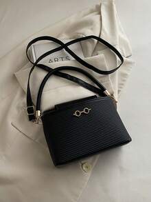 Women Vintage Textured Top‑Handle Handbag Luxury Gold Metal Decor Crossbody Shoulder Bag Daily Purse - Black - View 3