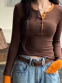 Women's Pure Cotton Henley Collar Long Sleeve T-Shirt Regular Fit Button Decor Top Slight Stretch - Coffee Brown - View 4