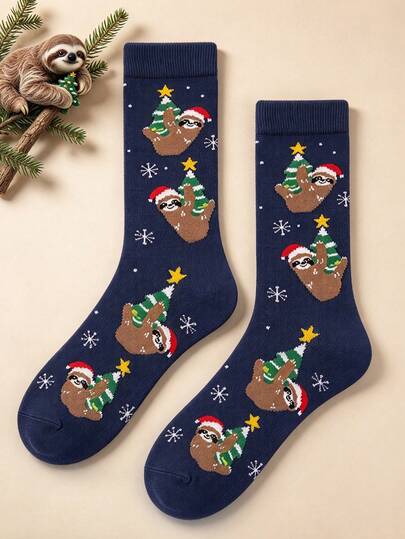 1 Pair Of Men Crew Sock, Christmas Sloth Xmas Tree Snowflake Pattern Socks, Soft Warm Fall Winter, Halloween Christmas Gift For Men & Women