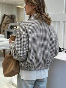 Women's Autumn Plaid Woven Fabric Stand Collar Short Jacket With Zipper And Button Double Breasted Hem Drawstring Loose Drop Shoulder Vintage Casual Style For Daily Commute Shopping And Outings - Black and White - View 5