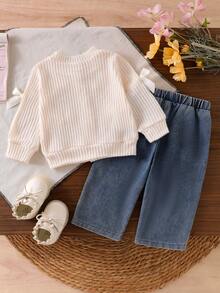 Baby Girl Soft & Fashionable 2-Piece Set, Cream Apricot Vertical Stripe Single-Breasted Knit Cardigan Jacket + Cherry Patchwork 3D Bow Denim Straight Leg Pants, Sweet Spring/Autumn Outfit - Apricot - View 4