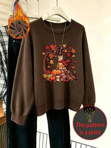 Sweater Rajut Imitasi Kasual Retro Ukuran Plus Wanita dengan Leher Bulat dan Gambar Kucing Lucu, , dan Pohon Maple - Sempurna untuk Busana Musim Gugur. - Coklat - View 3