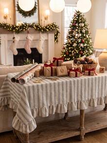 1pc Grey And White Classic Fine Striped Tablecloth, Traditional Country Style Rectangular With Scalloped Edge And Pleated Details, Stain-Resistant Protective Table Cover, Functional Home Long Tablecloth Suitable For Christmas Family Gatherings And Winter Holiday Dining Room Decor - Grey - View 7