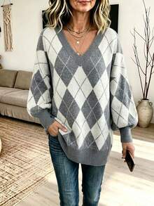 Plus Size Argyle Pattern Knit Pullover, Women V Neck Long Sleeve Drop Shoulder Plus Size Sweater, Fall Winter Loose Casual Tunic Tops - Grey - View 5