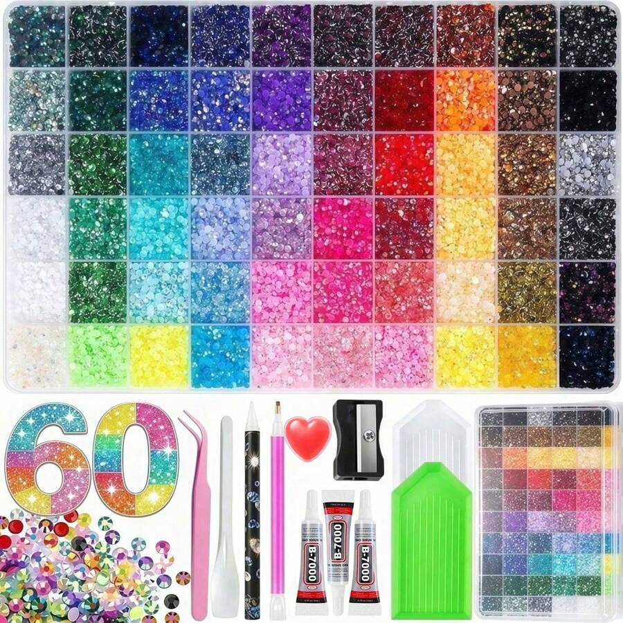 Lyxigt set med 60 färger jelly-hartsstrass med platt baksida, 48 000 st hartsstrass med pincett, prickverktyg, sorteringsbricka, lim och andra verktyg, handgjort DIY-materialkit, lämpligt för DIY-hattar, strassdekoration av vattenkoppar, brett användningsområde - Flerfärgad A - Visa 1