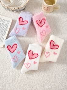 2 Pairs White & Pink Fuzzy Women's Mid-Calf Socks, Heart Pattern Warm Socks, Soft & Comfortable, Random Color - Multicolor - View 4