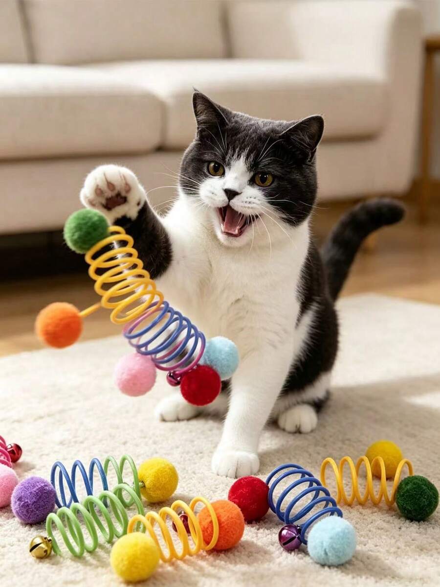5 Buah Mainan Interaktif Pegas untuk Kucing, Dilengkapi Lonceng dan Bola Warna-warni, Mainan Penghilang Kebosanan Kucing, Mensimulasikan Permainan Berburu, Melatih Refleks Kucing, Mainan Interaktif untuk Hewan Peliharaan di Dalam dan Rumah, Perlengkapan Bermain Hewan Peliharaan dengan Berbagai Pilihan Warna - MultiWarna - View 1