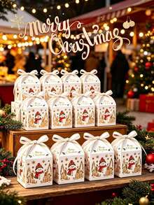 10/6pcs White Hollow Snowman Christmas Gift Box, Bowknot Handle Paper Box, Christmas Eve Party Favor Packaging Box, Party Candy Box, Christmas Party Gift Box - Multicolor - View 2
