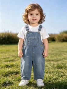 Baby Girls' Denim Overalls With Sweet Bow Jacquard Design, Casual Loose Fit Long Pants, Spring/Autumn - Royal Blue - View 4