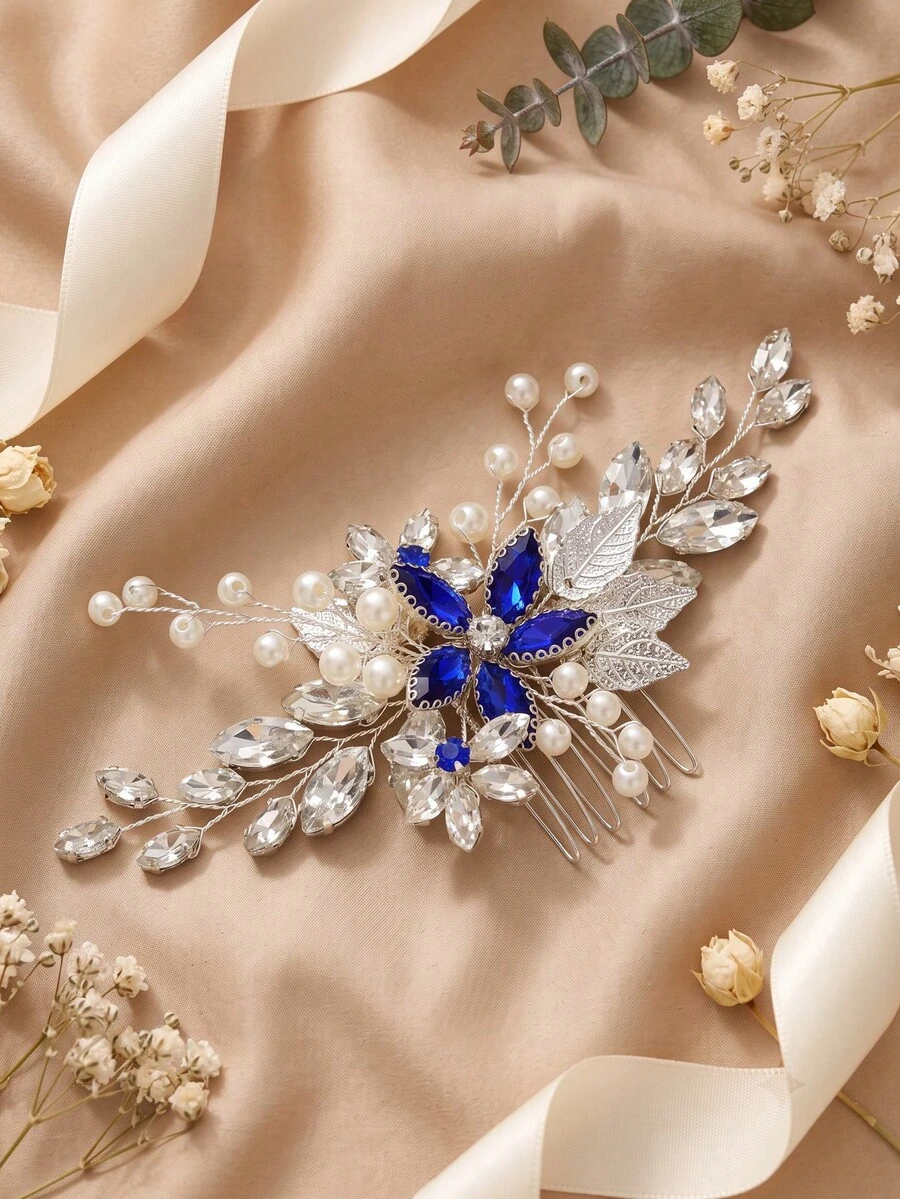 1pc Royal Blue Crystal Bridal Hair Comb, Rhinestone & Faux Pearl Floral Leaf Wedding Hair Clip Headpiece For Women Party