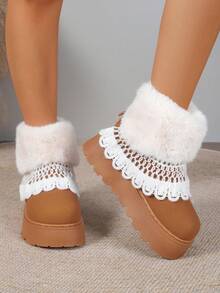 Women Faux Suede Ankle Snow Boots White Faux Fur Cuff Lace Crochet Trim Platform Thick Sole Winter Booties - Camel - View 1