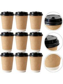 10 Sets 400ML/300ML Thickened Coffee Paper Cups, Heat-Resistant And Cold-Resistant Kraft Paper Cups With Lids, Direct Drinking, Suitable For Coffee Shops And Tea Houses - Coffee Brown - View 1