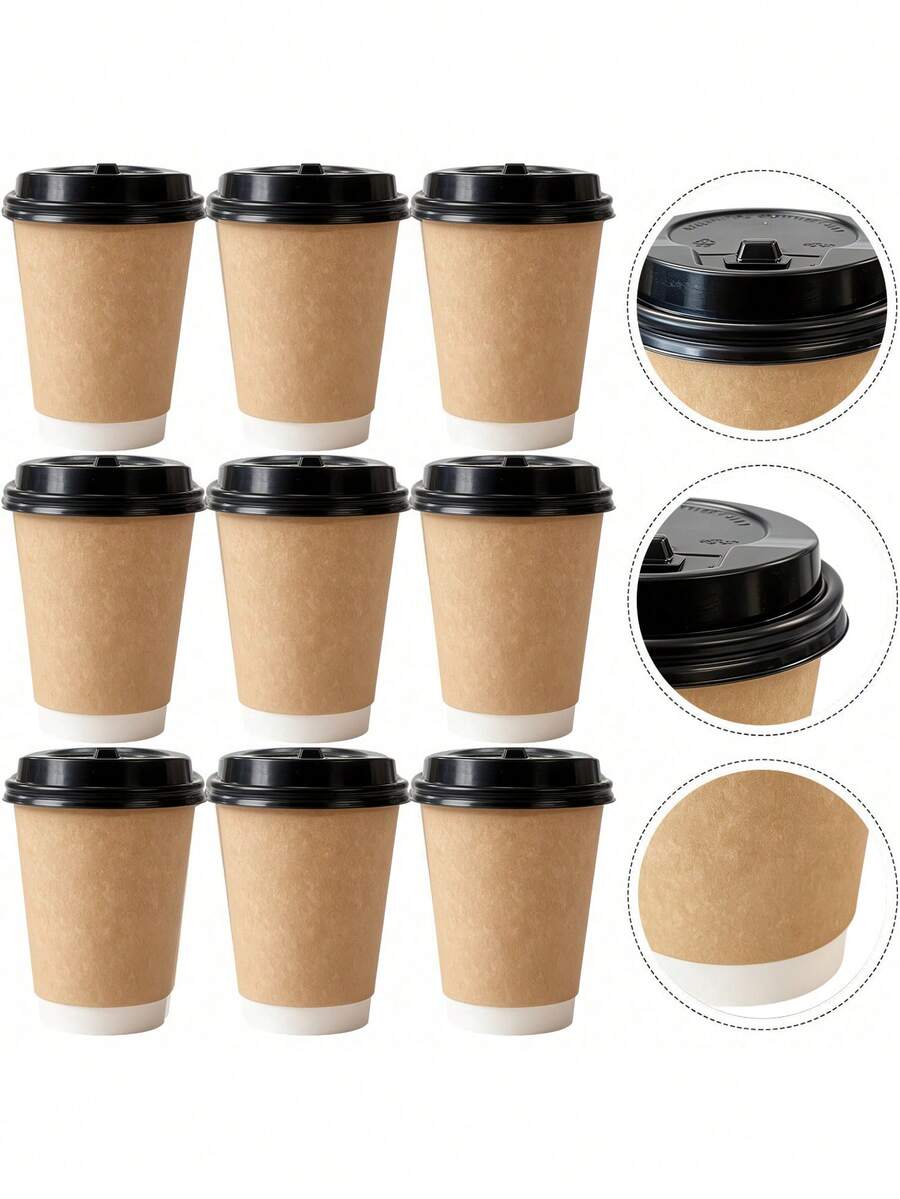 10 Sets 400ML/300ML Thickened Coffee Paper Cups, Heat-Resistant And Cold-Resistant Kraft Paper Cups With Lids, Direct Drinking, Suitable For Coffee Shops And Tea Houses - Coffee Brown - View 1