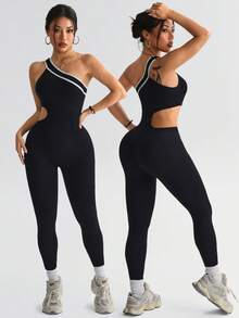 Women's Seamless Ribbed One-Shoulder Sports Jumpsuit, Contrast Binding Side Waist Cutout Design, Tummy Control Butt Lifting Shaping Yoga Fitness Leggings, Suitable For Sports, Training And Daily Wear - Black - View 1