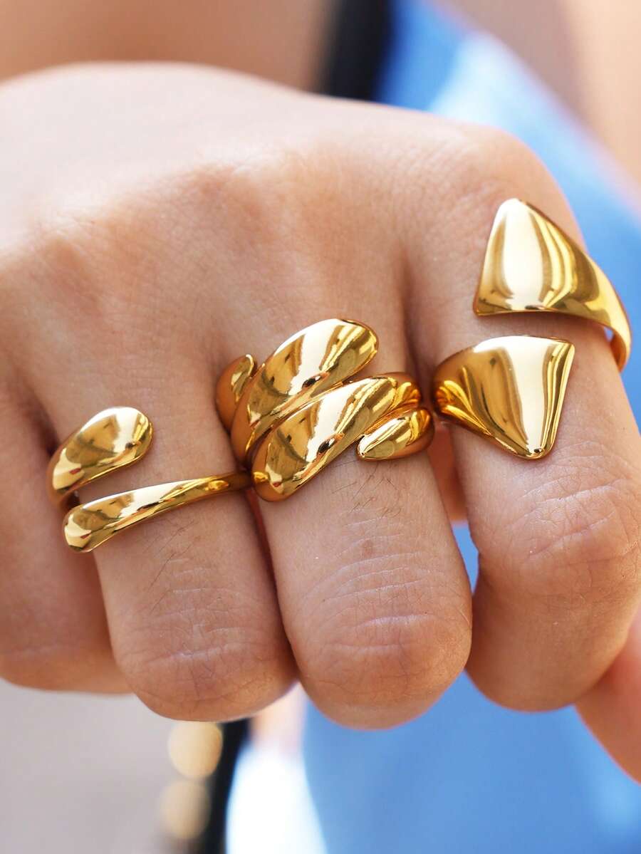 3pcs/1pc Women's Stainless Steel Chunky Gold Ring Set, Water Drop Vintage Bohemian Style Rings, Stackable Personalized Accessories, Suitable For Daily Wear, Dating, Party, Vacation, Great Gift Choice - Multicolor - View 1