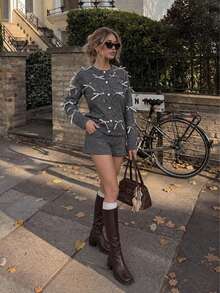 Women's Gray Sweater Co-Ord Set With Bow Details, Long Sleeve Cardigan And Shorts, Perfect For Fall And Winter Style - Grey - View 4