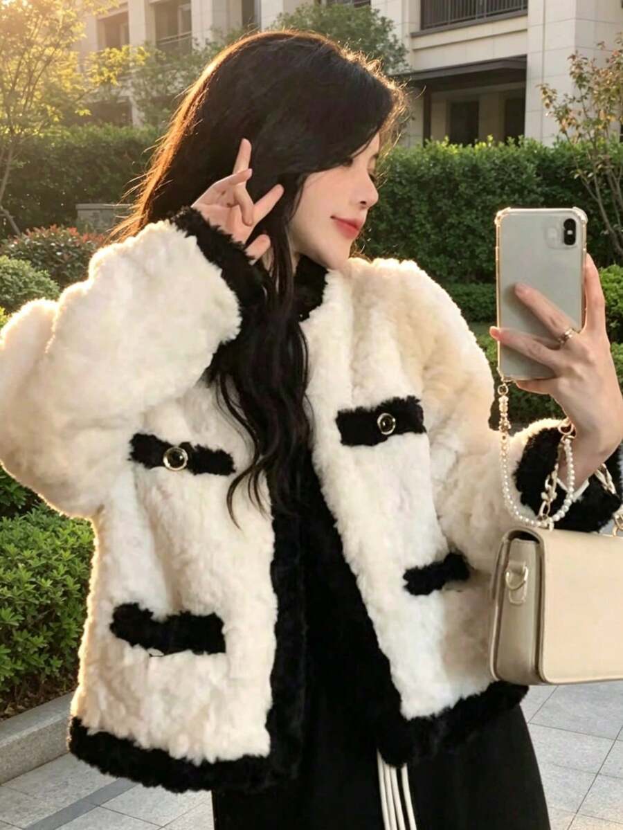 加厚仿兔毛女款外套,韓版蓬鬆厚款開襟短外套,2025秋冬新款 - 白色 - 查看 1