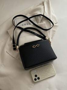 Women Vintage Textured Top‑Handle Handbag Luxury Gold Metal Decor Crossbody Shoulder Bag Daily Purse - Black - View 7