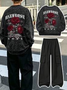 2pcs/Set Boys Outfit, Crew Neck Rose Print Sweatshirt Paired With Simple Casual Cargo Pants, Autumn/Winter New Style, Suitable For School And Daily Wear - Black - View 4
