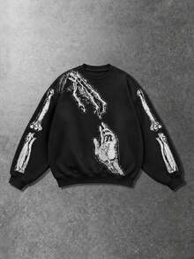FRACTYR Men's Loose Crew Neck Sweatshirt, Vintage Skeleton Arm And Palm Sketch Print Long Sleeve Pullover, Dark Punk Streetwear - Black - View 6