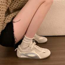 Women's Colorblock Lace-Up Thick Sole Height-Increasing Fashion Versatile Casual Sports Shoes Lightweight Comfortable Commuting Training Shoes - Off White - View 3