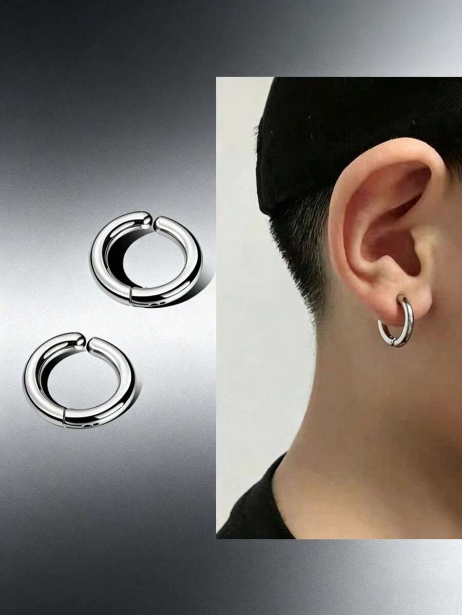 1pair Stainless Steel Non-piercing Circle Ear Cuff Fake Earrings, Classic Punk Style For Men And Women - Silver - View 1